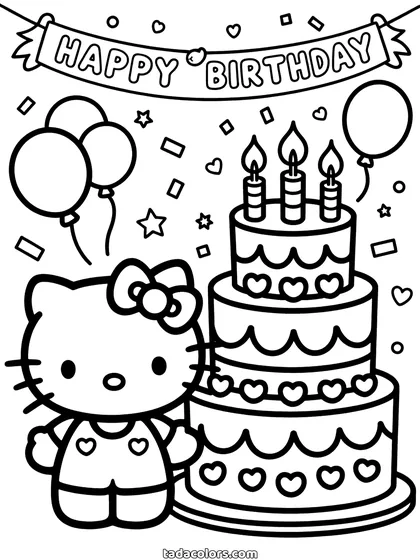 Dibujo de Hello Kitty de cumpleaños para colorear: Hello Kitty junto a una tarta de tres pisos con tres velas, globos y una pancarta de feliz cumpleaños