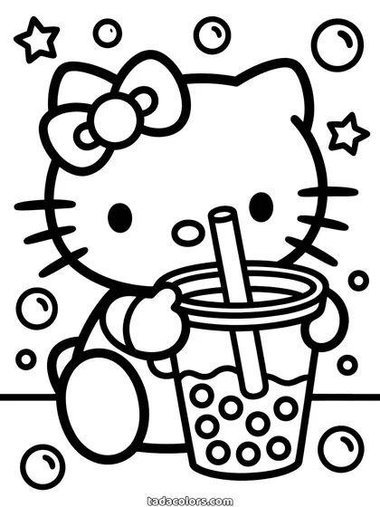 Dibujo de Hello Kitty con bubble tea para colorear: Hello Kitty sentada con un vaso de bubble tea, pajita puesta, perlas de tapioca en el fondo