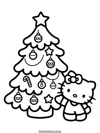 Dibujo de Hello Kitty de Navidad para colorear: Hello Kitty de pie junto a un árbol decorado con bolas, bastones de caramelo y una estrella en la punta