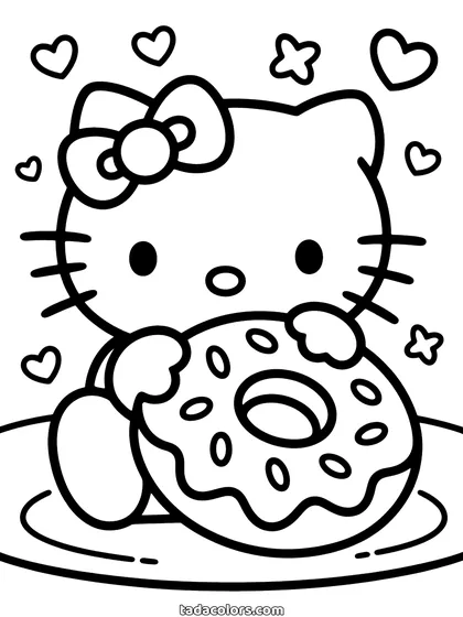 Dibujo de Hello Kitty con un donut para colorear: Hello Kitty sujetando un donut glaseado grande con fideos de colores y un mordisco dado