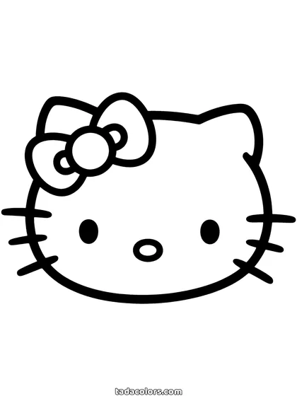 Hello Kitty gezicht kleurplaat: haar kop vult het hele vel, met de strik op haar oor, drie snorharen per kant en het ovale neusje