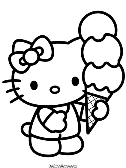 Dibujo de Hello Kitty con helado para colorear: Hello Kitty sujetando un cucurucho con dos bolas apiladas, dibujado grande y con trazo grueso