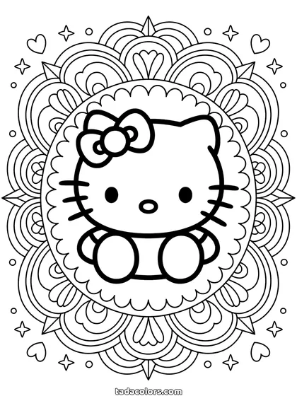 Hello Kitty mandala kleurplaat: Hello Kitty zit in het midden van een mandala met ring na ring van blaadjes, hartjes en schulpranden