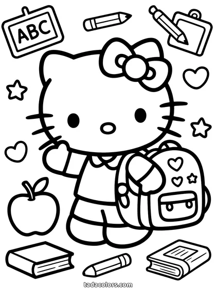 Dibujo de Hello Kitty en el colegio para colorear: Hello Kitty saludando con una mochila, rodeada de una pizarra con ABC, lápices, libros y una manzana