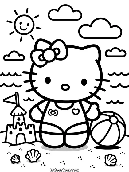 Dibujo de Hello Kitty en la playa para colorear: Hello Kitty en bañador sentada en la arena con una pelota de playa, un castillo y conchas alrededor