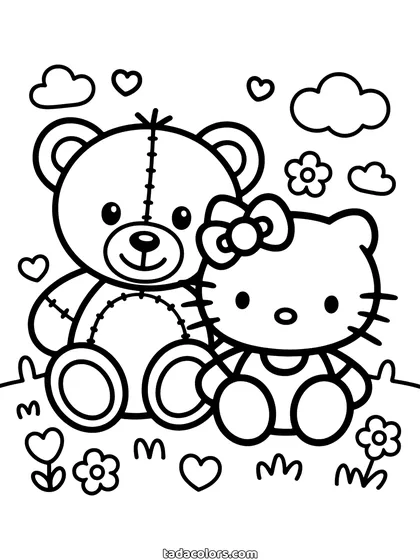 Dibujo de Hello Kitty con un osito para colorear: Hello Kitty apoyada en un osito de peluche grande con costuras, con flores y corazones alrededor