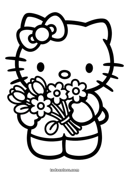 Dibujo de Hello Kitty con flores para colorear: Hello Kitty sujetando un ramo de margaritas con las dos patas, con los pétalos y las hojas dibujados grandes