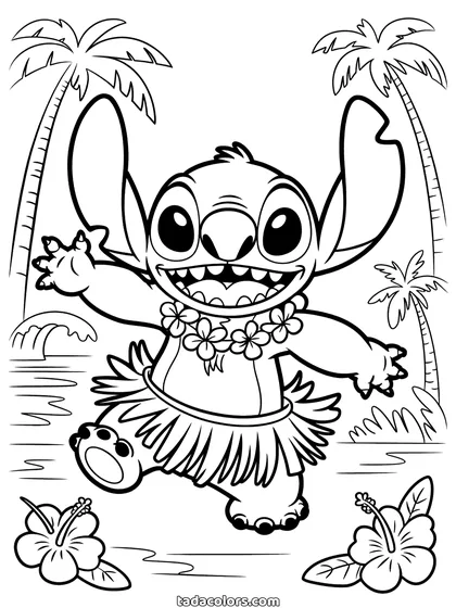 Dibujo de Stitch bailando hula para colorear: Stitch con falda de rafia y collar de flores bailando en la playa, con palmeras alrededor