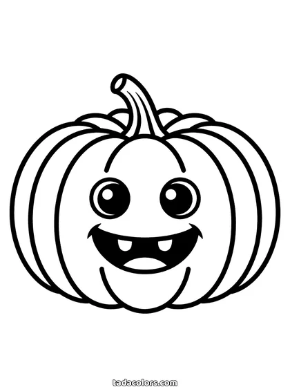 Halloween pompoen kleurplaat: een uitgesneden pompoen met twee ronde ogen, een brede mond vol vierkante tanden en een gekruld steeltje
