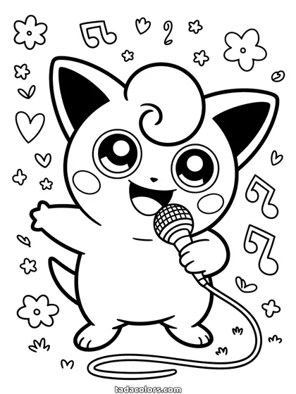 Dibujo de Jigglypuff para colorear: Jigglypuff sujetando un micrófono y cantando, con los ojos redondos grandes, el rizo en la frente y notas musicales alrededor