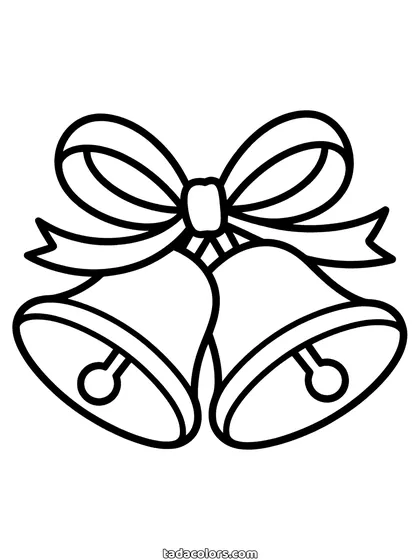 Jingle bells coloring page: two Christmas bells hanging side by side, tied together with a large ribbon bow, their clappers showing