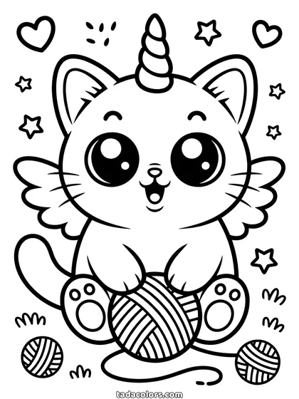 Dibujo de gatito unicornio kawaii para colorear: un gatito con cuerno de unicornio y alas pequeñas sentado con un ovillo de lana entre las patas