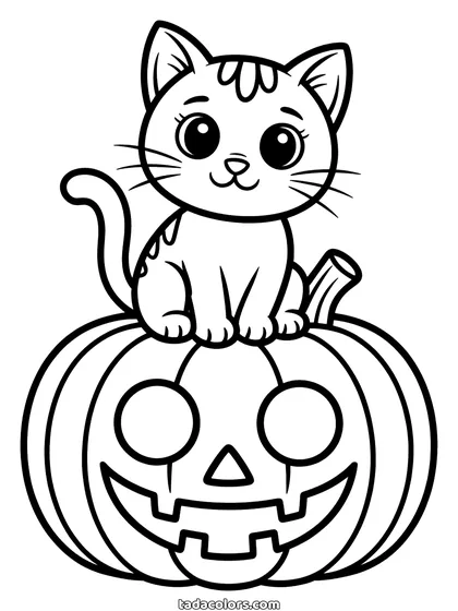 Dibujo de gato de Halloween para colorear: un gatito pequeño sentado encima de una calabaza tallada con ojos triangulares y sonrisa dentada