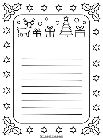 Brief aan de kerstman kleurplaat: een schrijfvel met lijntjes, een rand van sterren met hulst in de hoeken en bovenaan een rendier, cadeaus, kerstballen en een kerstboom