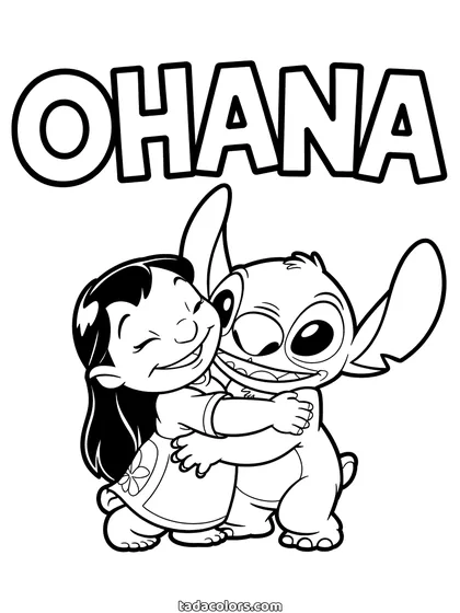 Lilo en Stitch kleurplaat: Lilo heeft beide armen om Stitch heen, met het woord Ohana in grote holle letters erboven