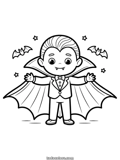 Dibujo de vampiro para colorear: un vampiro pequeño con traje abriendo la capa de par en par, con los colmillos fuera y murciélagos volando