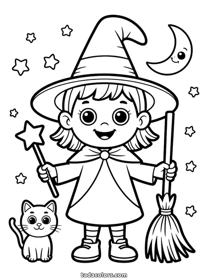 Dibujo de brujita para colorear: una niña con sombrero puntiagudo y capa sujetando una varita con estrella y una escoba, con un gato a sus pies y una luna creciente