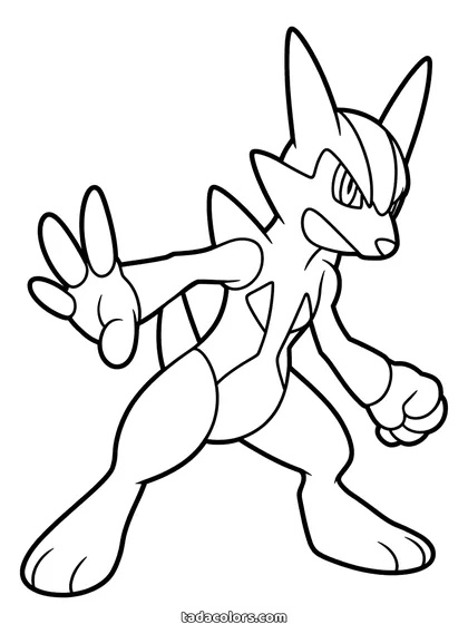 Dibujo de Lucario para colorear: Lucario en posición de combate con una pata adelantada, púas en el pecho y en el dorso de las manos