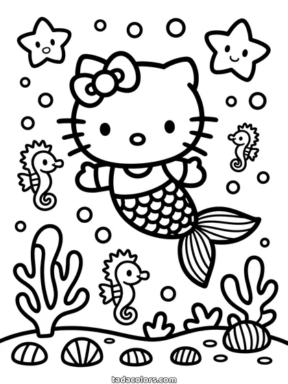 Dibujo de Hello Kitty sirena para colorear: Hello Kitty con cola de sirena nadando entre caballitos de mar, estrellas de mar, coral y conchas