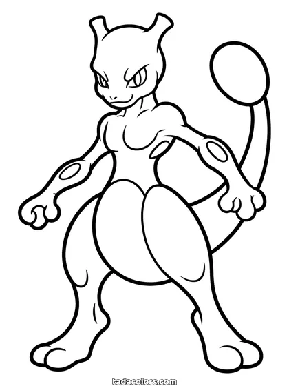 Dibujo de Mewtwo para colorear: Mewtwo erguido con la cola larga enroscada detrás y los brazos firmes en una postura de fuerza