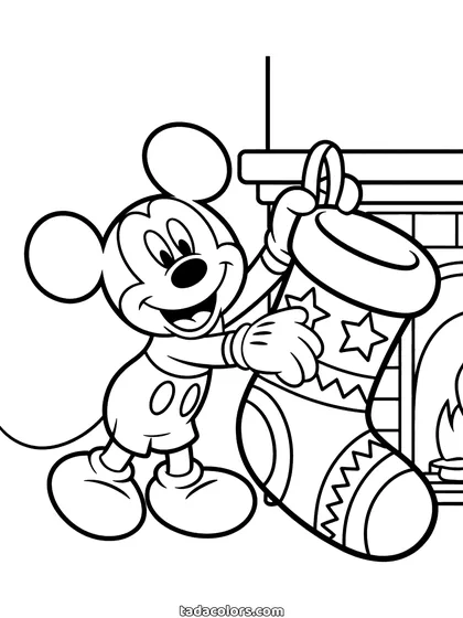 Dibujo de Mickey de Navidad para colorear: Mickey estirándose para colgar un calcetín estampado en la repisa de la chimenea