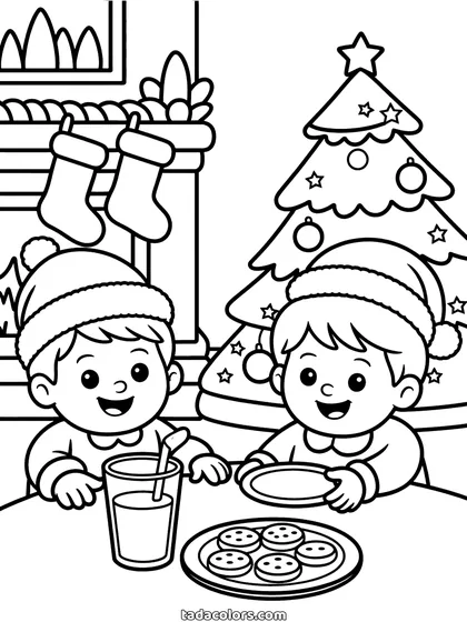 Milk and cookies for Santa coloring page: two children in Santa hats at a table with a glass of milk and a plate of cookies, the tree and stockings behind them
