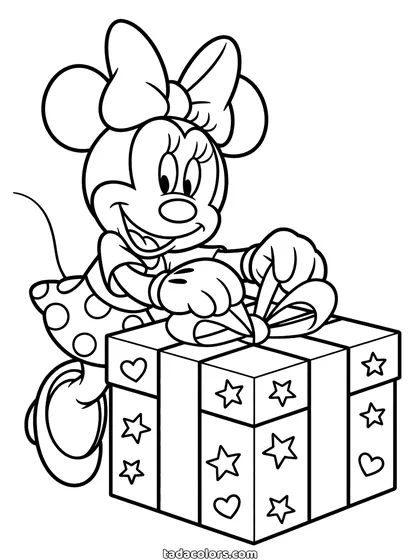 Dibujo de Minnie de Navidad para colorear: Minnie atando un lazo grande en un regalo cubierto de estrellas y corazones, con su propio lazo entre las orejas