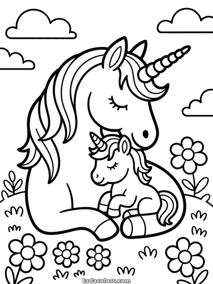 Mother and baby unicorn coloring page: a large unicorn lying down with closed eyes and a small foal curled against her chest in a field of flowers