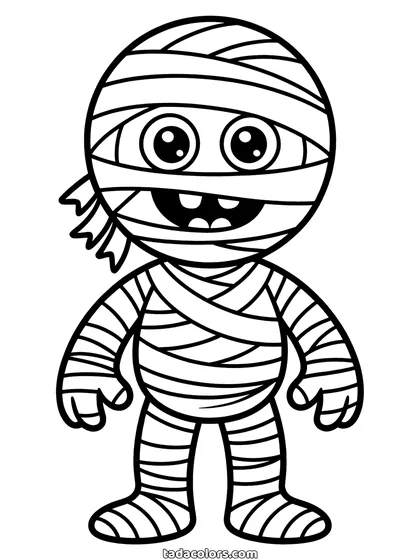 Dibujo de momia para colorear: una momia envuelta de arriba abajo en vendas sueltas con un ojo asomando y tiras colgando