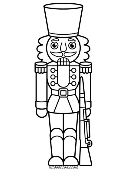Dibujo de cascanueces para colorear: un soldado cascanueces de madera en posición de firmes con gorro alto, galones, botones dorados y un sable