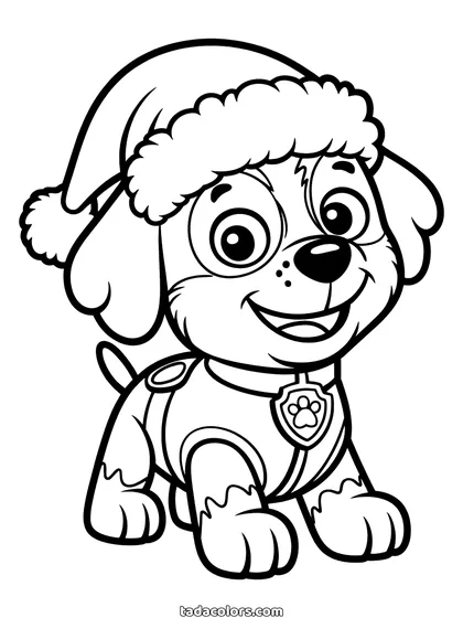 Dibujo de la Patrulla Canina de Navidad para colorear: un cachorro sonriente con gorro de Papá Noel, un collar y una chapa redonda con una huella