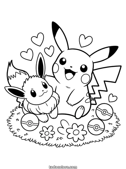 Dibujo de Pikachu y Eevee para colorear: Pikachu y Eevee sentados juntos en la hierba con Poké Balls, flores y corazones alrededor