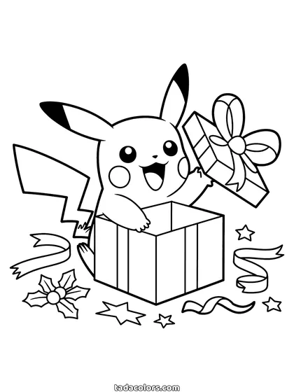Dibujo de Pikachu de Navidad para colorear: Pikachu saliendo de una caja de regalo abierta con cintas, estrellas y una flor de Pascua alrededor