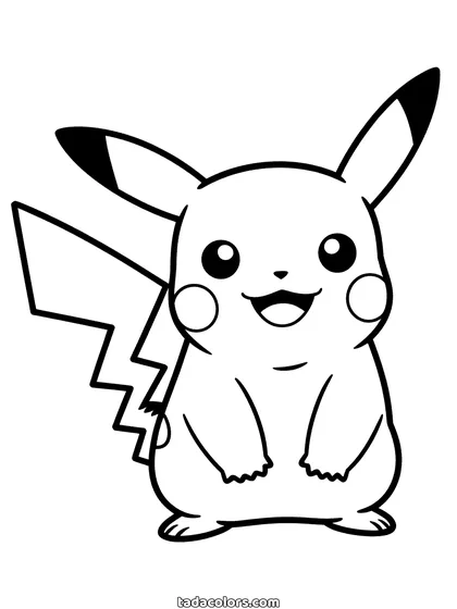 Pikachu kleurplaat: Pikachu staat te zwaaien met een brede lach, zijn oren omhoog en zijn bliksemstaart opzij, zonder achtergrond