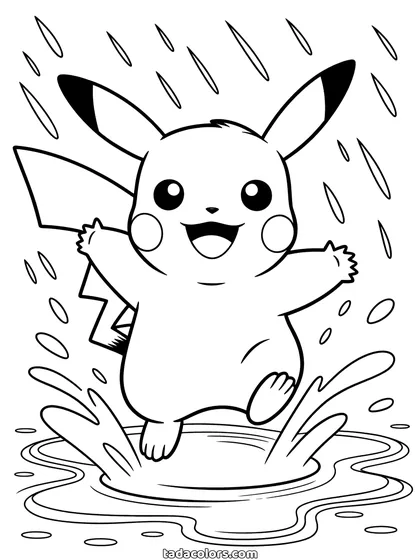 Dibujo de Pikachu bajo la lluvia para colorear: Pikachu saltando en un charco con la lluvia cayendo y el agua salpicando alrededor de sus patas