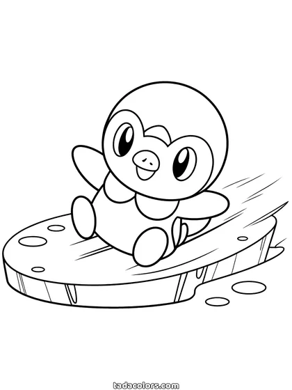 Dibujo de Piplup para colorear: Piplup deslizándose de barriga por una placa de hielo con las aletas abiertas y nieve alrededor