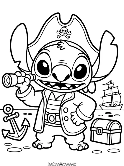 Dibujo de Stitch pirata para colorear: Stitch con sombrero de pirata y casaca sujetando un catalejo, con un cofre del tesoro, un ancla y un barco detrás