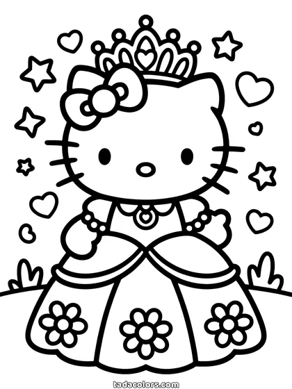 Dibujo de Hello Kitty princesa para colorear: Hello Kitty con una tiara y un vestido de gala amplio con flores en la falda