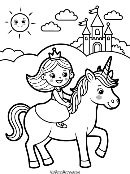Dibujo de princesa en unicornio para colorear: una princesa con corona monta su unicornio por un prado con un castillo y sus torres en la colina