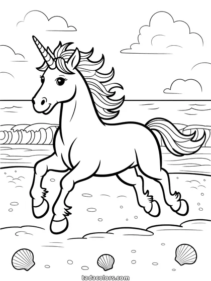Realistic unicorn coloring page: a unicorn drawn like a real horse galloping along a beach, waves breaking behind and seashells in the sand