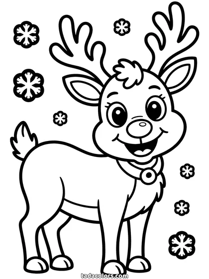 Dibujo de reno para colorear: un reno joven con la nariz redonda y brillante, cornamenta alta y ramificada y un collar, con copos de nieve alrededor