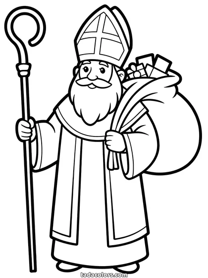 Sinterklaas kleurplaat: Sinterklaas met baard, een hoge mijter met een kruis, een lang gewaad en een mantel, met de gekrulde staf in zijn hand en een zak cadeaus over zijn schouder