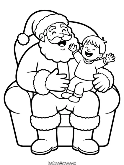 Santa and child coloring page: Santa Claus laughing in a big armchair with a small child sitting on his knee and waving both arms