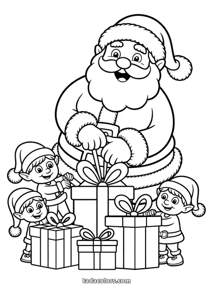 Santa and elves coloring page: Santa Claus tying the ribbon on a large present while three small elves in pointed hats help wrap a pile of boxes with bows