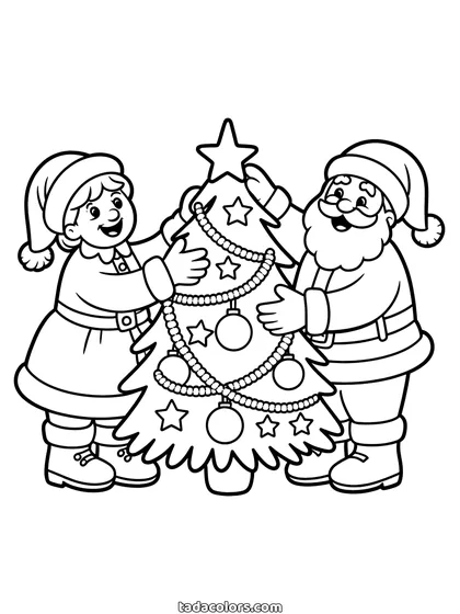 Kerstman en kerstvrouw kleurplaat: de kerstman en de kerstvrouw aan weerszijden van een kerstboom, ze hangen ronde kerstballen en een kralenslinger op, met een ster in de top