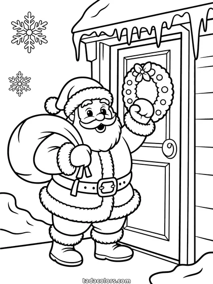 Santa at the door coloring page: Santa Claus with a sack over his shoulder knocking at a wooden front door decorated with a wreath, icicles hanging from the roof and snowflakes