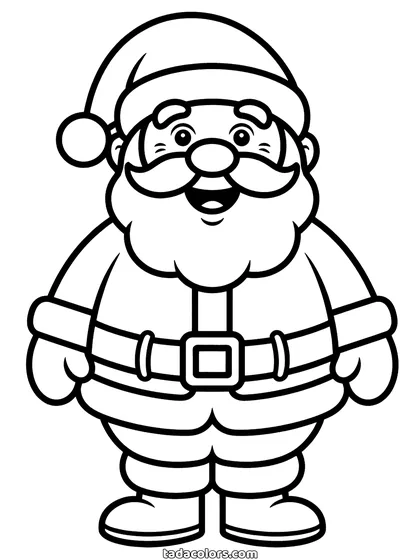 Santa Claus coloring page: a smiling Santa standing with a big beard and moustache, a hat with a pompom, a wide belt with a square buckle, mittens and boots