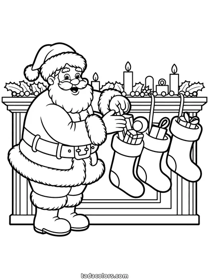 Santa filling stockings coloring page: Santa Claus slipping a toy into one of three stockings hanging from a mantelpiece decorated with candles and a garland of holly