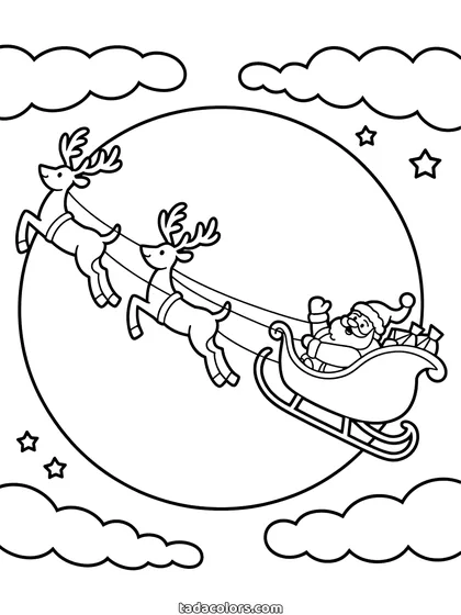 Santa flying over the moon coloring page: two leaping reindeer pulling Santa Claus in his sleigh full of presents across a huge round full moon, with clouds and stars