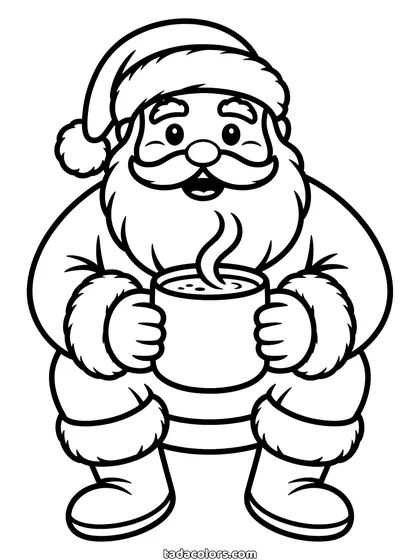 Kerstman met warme chocolademelk kleurplaat: een grote ronde kerstman zit en houdt met beide handen een dampende beker warme chocolademelk vast